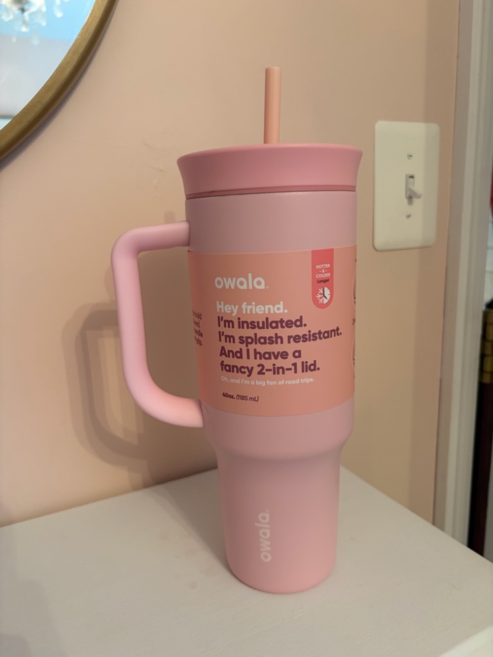 NEW WITH TAGS owala Pink Insulated Travel Mug with Handle & Straw